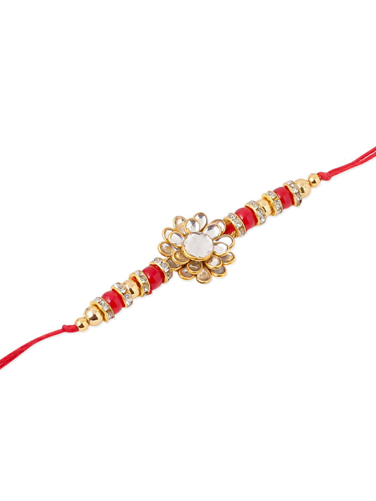 NVR Men Red Kundan Studded Floral Design Thread Rakhi with Roli Chawal Chandan & Mishri