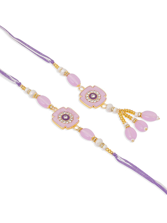 NVR Set of 2 Purple Artificial Stones & Beads Floral Design Thread Bhaiya Bhabhi Rakhi Combo