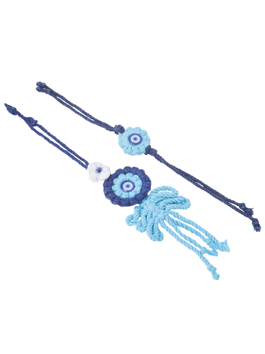 NVR Set of 2 Blue Evil Eye Floral Bhaiya Bhabhi Rakhi With Roli Chawal Chandan & Mishri
