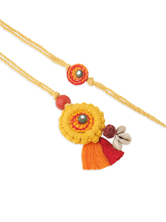 NVR Set of 2 Yellow Sea Shell Round Floral Design Bhaiya Bhabhi Rakhi with Roli Chawal Chandan & Mishri