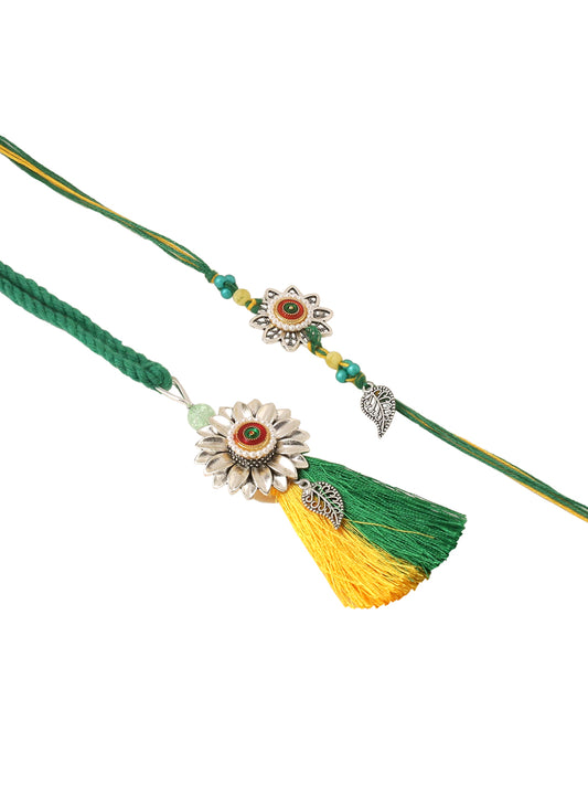 NVR Set of 2 Green Pearls Bhaiya Bhabhi Thread Rakhi with Roli Chawal Chandan & Mishri