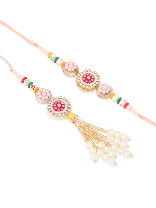 NVR Set of 2 Multicolor Artificial Stones & Beads Round Floral Bhaiya Bhabhi Rakhi with Roli Chawal Chandan & Mishri