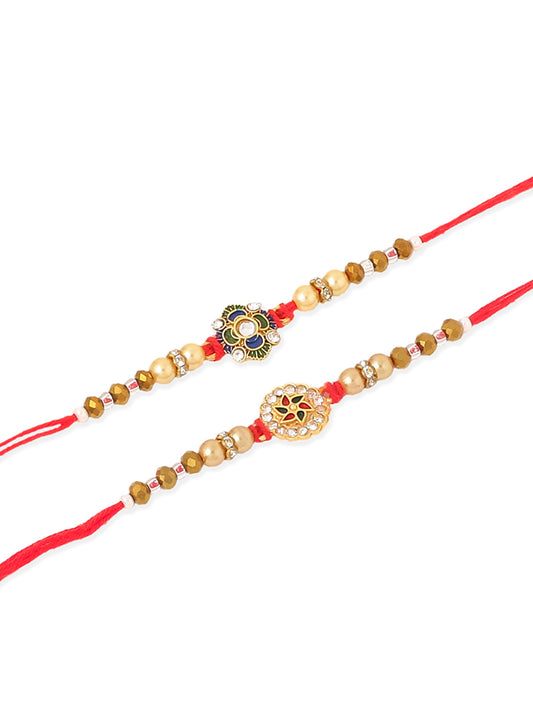 NVR Men Set of 2 Red & Gold Floral Design Artificial Stones & Beads Thread Rakhi With Roli Chawal Chandan & Mishri