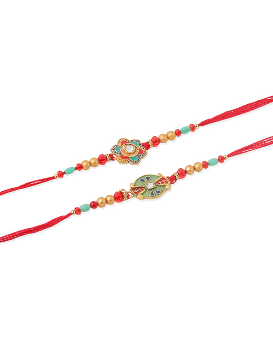 NVR Men Set of 2 Floral Design Red Artificial Stones & Beads Thread Rakhi Combo