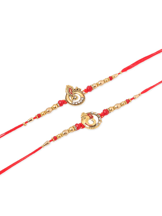 NVR Men Set of 2 Golden Red Religious Designer Ganesh Ji Thread Rakhi With Roli Chawal Chandan & Mishri