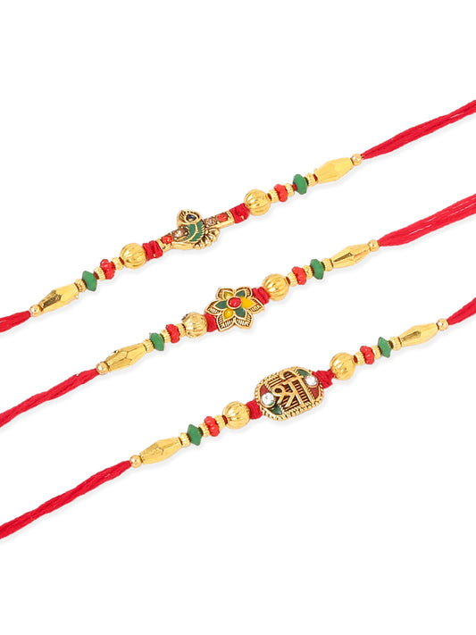 NVR Men Set of 3 Red & Gold Floral Design Artificial Stones and Beads Thread Rakhi With Roli Chawal Chandan & Mishri