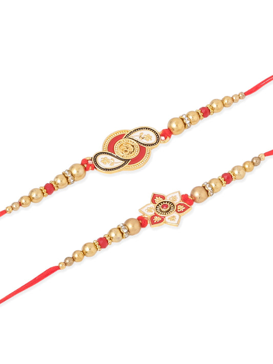 NVR Men Set of 2 Red & Gold Floral Design Artificial Beads Thread Rakhi With Roli Chawal Chandan & Mishri