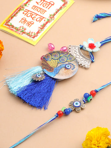 NVR Set of 2 Blue Evil Eye & Peacock Design Artificial Beads Bhaiya Bhabhi Rakhi With Roli Chawal Chandan & Mishri