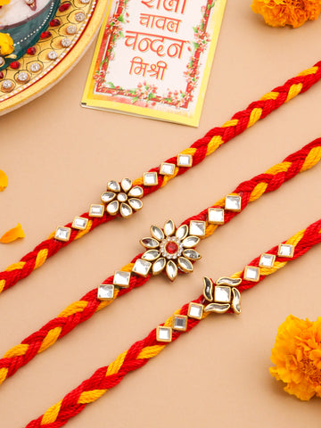 NVR Men Set of 3 Red & Yellow Kundan Studded Floral Design Thread Rakhi with Roli Chawal Chandan & Mishri