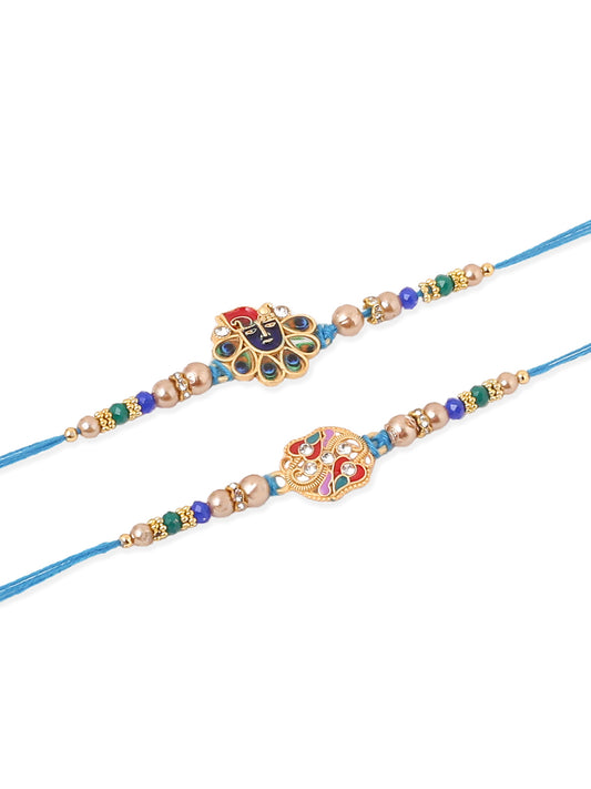 NVR Men Set of 2 Blue Artificial Stones & Beads Thread Rakhi with Roli Chawal Chandan & Mishri