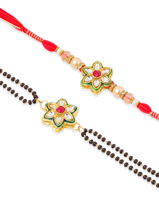 NVR Set of 2 Gold Toned Kundan Studded Floral Shape Bhaiya Bhabhi Rakhi Combo