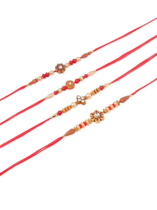 NVR Men Set of 4 Red Artificial Stones & Beads Floral Shape Thread Rakhi Combo