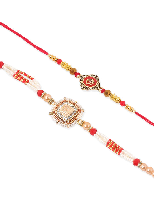NVR Set of 2 Gold Toned Artificial Stones & Beads Om Design Bhaiya Bhabhi Rakhi with Roli Chawal Chandan & Mishri