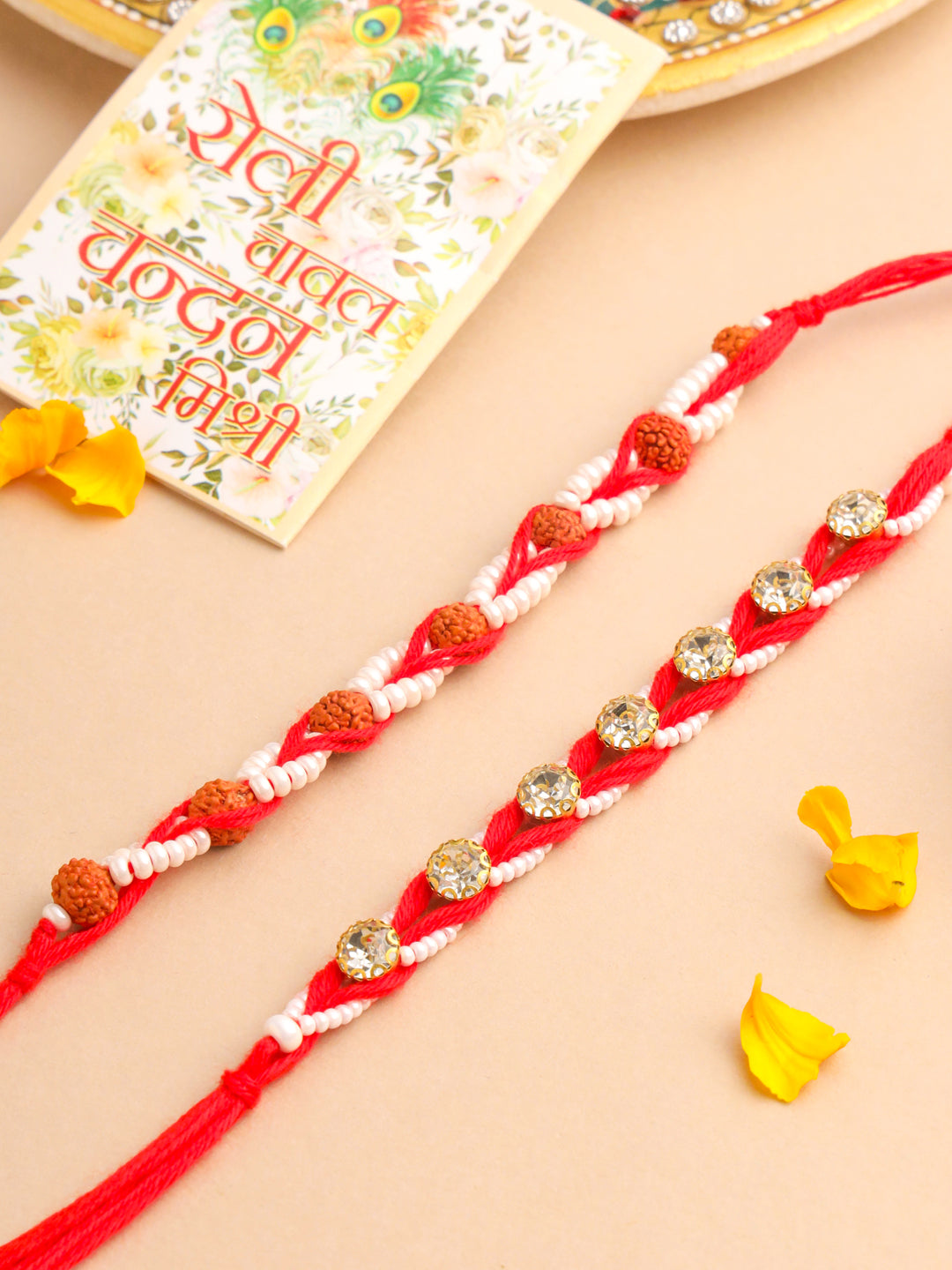 NVR Men Set of 2 Red Artificial Stones & Rudraksh Thread Rakhi with Roli Chawal Chandan & Mishri