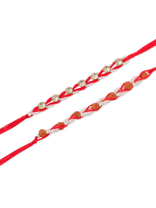 NVR Men Set of 2 Red Artificial Stones & Rudraksh Thread Rakhi with Roli Chawal Chandan & Mishri