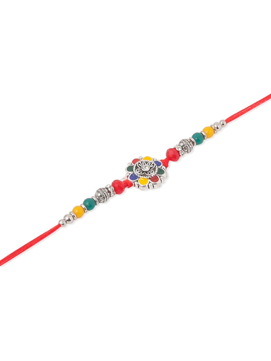NVR Men Multicolor Artificial Stones & Beads Floral Design Thread Rakhi with Roli Chawal Chandan & Mishri