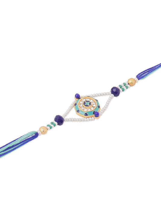 NVR Men Blue Artificial Stones & Beads Floral Design Thread Rakhi with Roli Chawal Chandan & Mishri