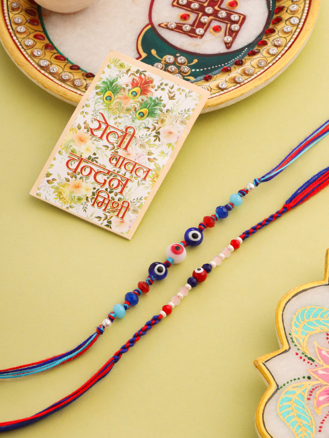 NVR Men Multicolor Evil Eye Artificial Beads Thread Rakhi with Roli Chawal Chandan & Mishri