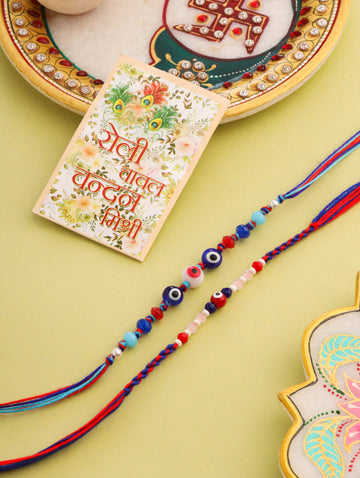 NVR Men Multicolor Evil Eye Artificial Beads Thread Rakhi with Roli Chawal Chandan & Mishri