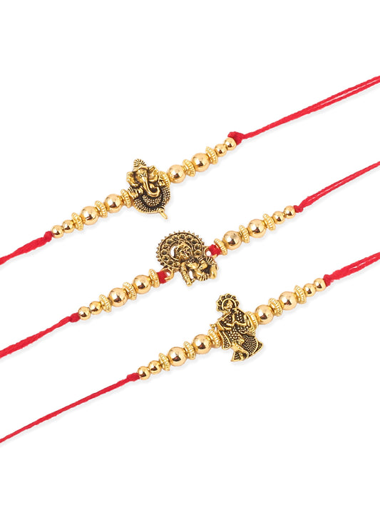 NVR Men Set of 3 Gold Toned Designer Ganesh Ji Thread Rakhi with Roli Chawal Chandan & Mishri