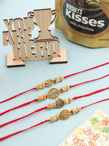 NVR Men Set of 4 Gold Toned Artificial Stones Swastik Design Thread Rakhi Combo