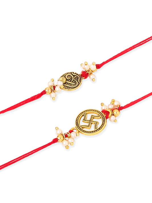 NVR Men Set of 2 Gold Toned Pearls Swastik Desgin Thread Rakhi, Combo for Rakshabandhan