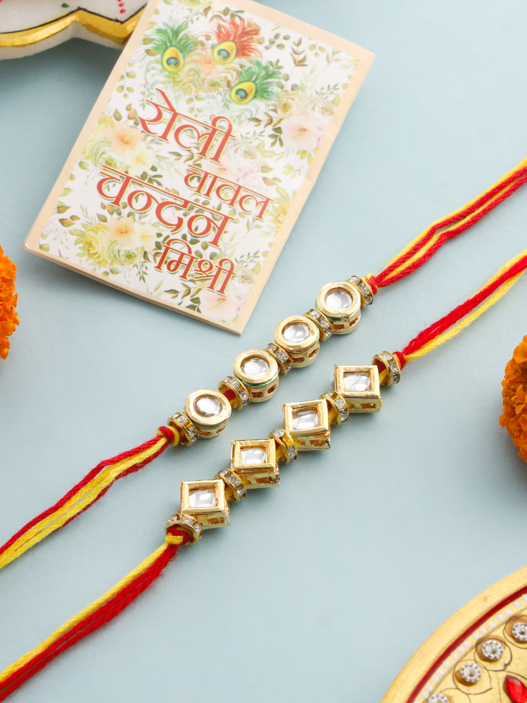 NVR Men Set of 2 Multicolor Kundan Studded Thread Rakhi with Roli Chawal Chandan & Mishri
