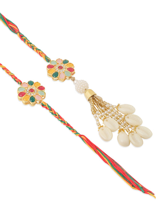 NVR Set of 2 Artificial Beads & Sea Shell Floral Design Bhaiya Bhabhi Rakhi Combo
