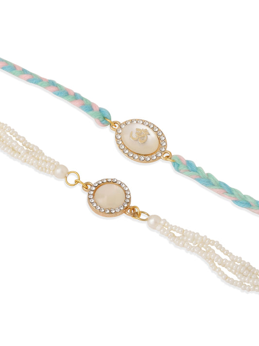 NVR Set of 2 White Pearls & Artificial Beads Bhaiya Bhabhi Rakhi with Roli Chawal Chandan & Mishri