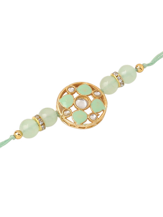 NVR Men Set of 2 Artificial Stones & Beads Floral Design Thread Rakhi with Roli Chawal Chandan & Mishri