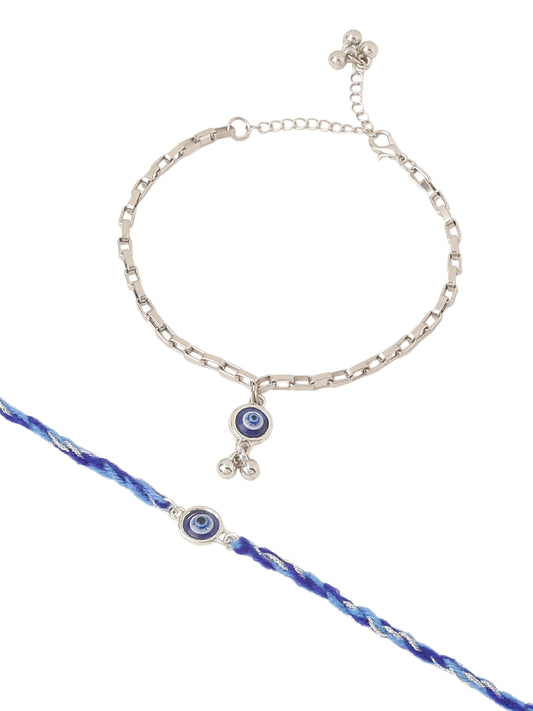NVR Set of 2 Blue Evil Eye Bhaiya Bhabhi Rakhi with Roli Chawal Chandan & Mishri