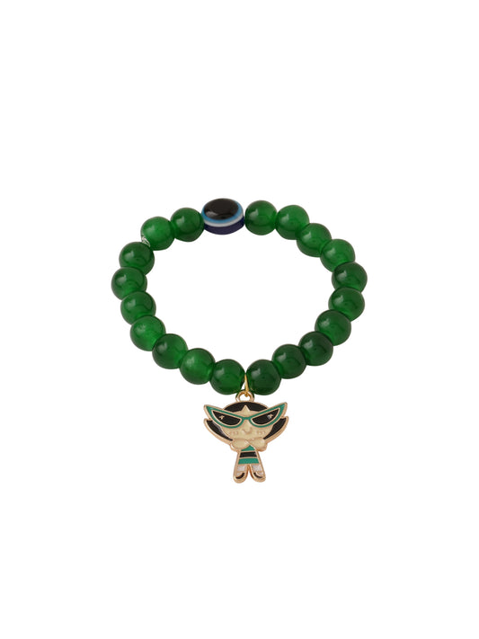NVR Kids Cartoon Design Green Artificial Beads Thread Rakhi with Roli Chawal Chandan & Mishri