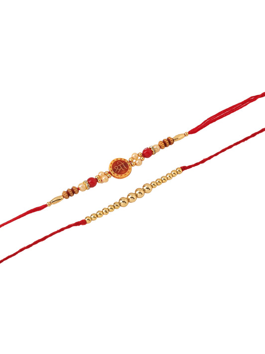 NVR Men's Set of 2 Red Religious Thread Rakhi with Roli Chawal Chandan & Mishri