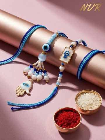 NVR Set of 2 Evil Eye Hand Design Bhaiya Bhabhi Rakhi with Roli Chawal Chandan Mishri