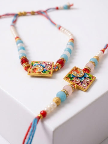 NVR Set of 2 Multicolor Artificial Beads Bhaiya Bhabhi Rakhi With Roli Chawal Chandan