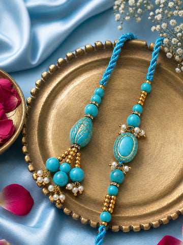 NVR Set of 2 Turquoise Blue Artificial Beads Bhaiya Bhabhi Rakhi with Roli Chawal Chandan