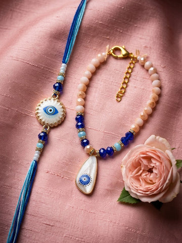 NVR Set of 2 Gold Toned Evil Eye Beaded Bhaiya Bhabhi Rakhi With Roli Chawal Chandan