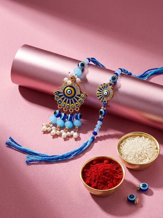NVR Set of 2 Blue Evil Eye Artificial Beads Bhaiya Bhabhi Rakhi With Roli Chawal