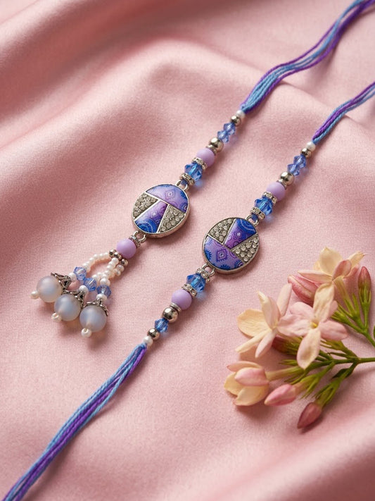 NVR Set of 2 Purple Artificial Beads Traditional Bhaiya Bhabhi Rakhi with Roli Chawal