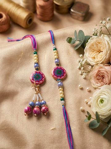 NVR Set of 2 Artificial Stones & Beads Floral Design Bhaiya Bhabhi Rakhi with Roli Chawal