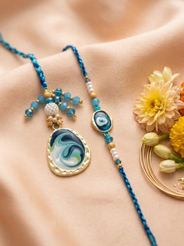 NVR Set of 2 Blue Evil Eye Traditional Gold Toned Bhaiya Bhabhi Rakhi with Roli Chawal