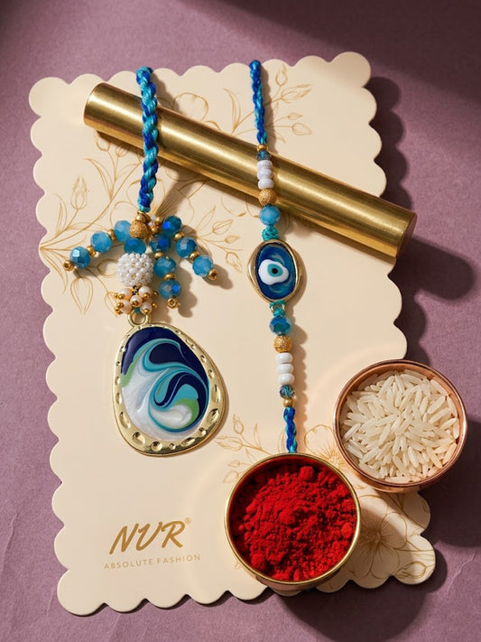 NVR Set of 2 Blue Evil Eye Traditional Gold Toned Bhaiya Bhabhi Rakhi with Roli Chawal