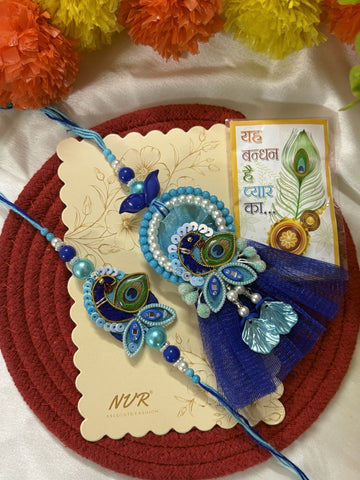 NVR Set of 2 Peacock Design Bhaiya Bhabhi Rakhi with Roli Chawal Chandan Mishri