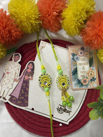 NVR Set of 2 Artificial Beads Mirror Work Bhaiya Bhabhi Rakhi With Roli Chawal Chandan