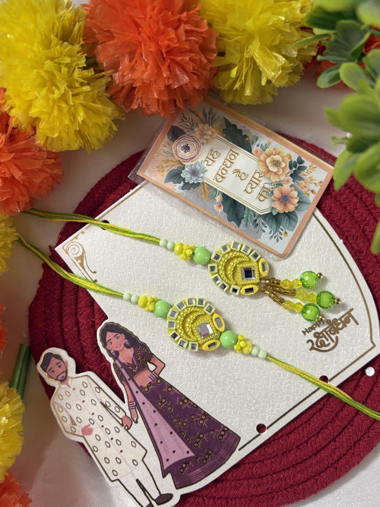 NVR Set of 2 Artificial Beads Mirror Work Bhaiya Bhabhi Rakhi With Roli Chawal Chandan