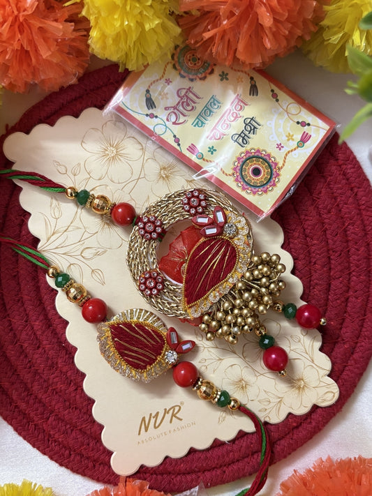 NVR Set of 2 Artificial Beads Bhaiya Bhabhi Rakhi with Roli Chawal Chandan Mishri