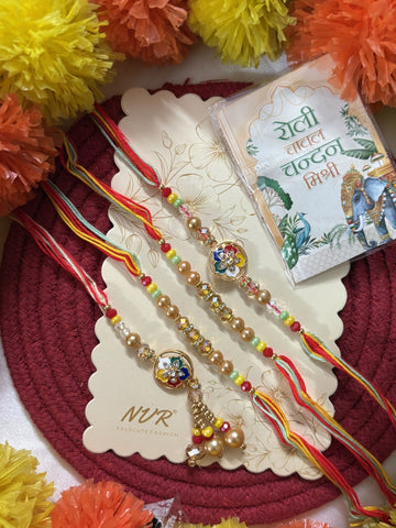 NVR Set of 4 Artificial Beads Family Pack Thread Rakhi with Roli Chawal Chandan Mishri