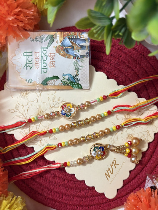 NVR Set of 4 Artificial Beads Family Pack Thread Rakhi with Roli Chawal Chandan Mishri