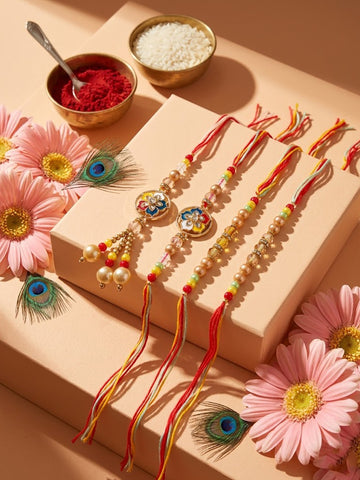 NVR Set of 4 Artificial Beads Family Pack Thread Rakhi with Roli Chawal Chandan Mishri