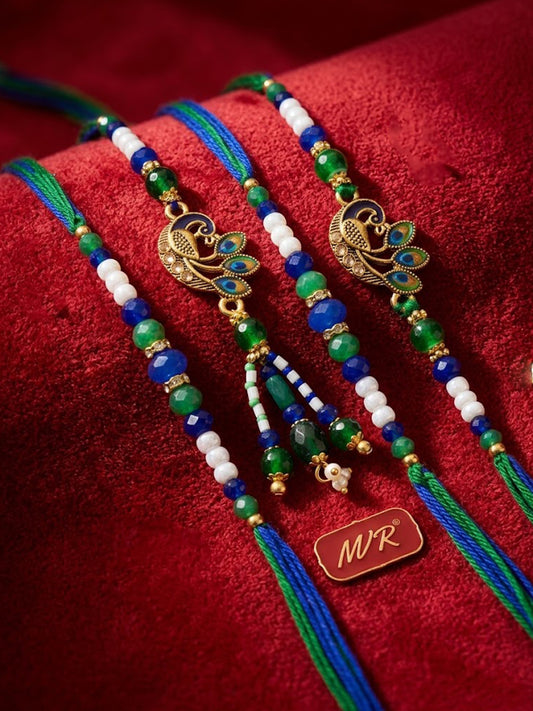 NVR Set of 4 Green Peacock Design Artificial Beads Thread Rakhi with Roli Chawal